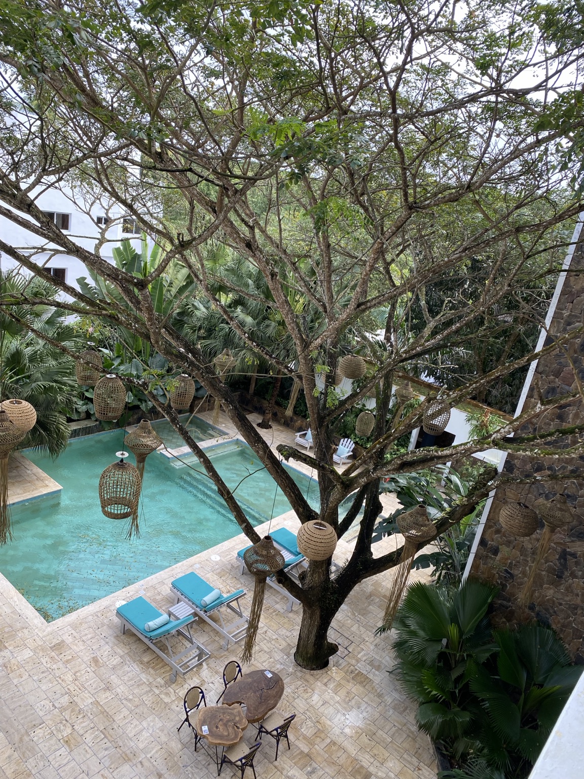 Tropical resort courtyard and pool